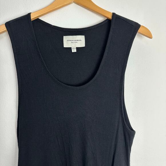 Public School New York Dress Womens Large Black Ribbed Blue Lining Accent Ruched - Picture 6 of 8